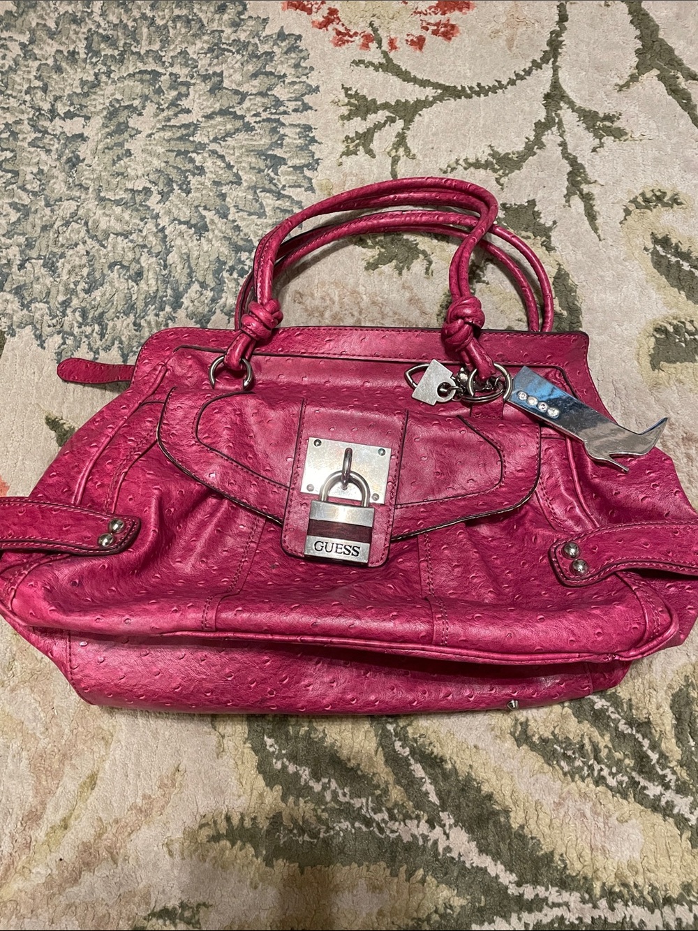 Y2K pink ostrich-textured GUESS bag with the padlock